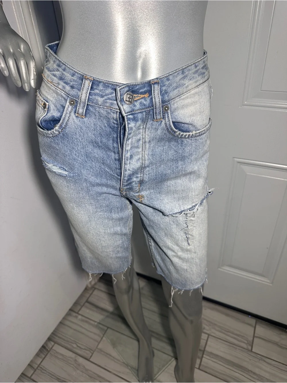 Ksubi Brooklyn Ripped Denim Bermuda Shorts 24 Blue Relaxed Mid Rise Long Jorts